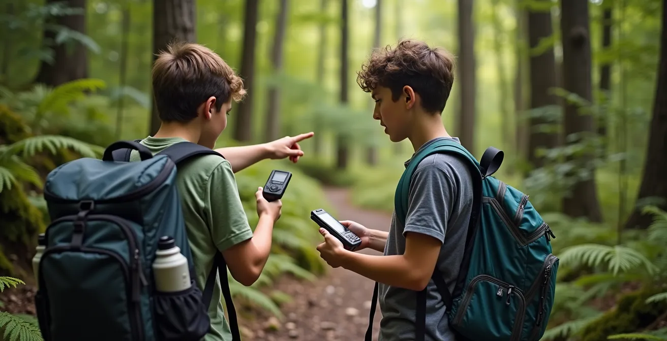 Adolescents utilisant un GPS pour le géocaching dans un sentier forestier