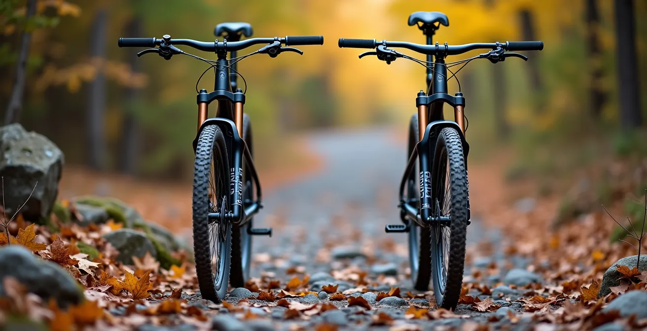 Vue latérale comparative de deux VTT montrant différents angles de direction sur terrain rocheux