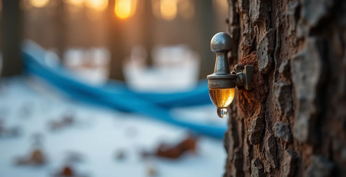 Érablière québécoise au printemps avec tubes de collecte de sève d'érable