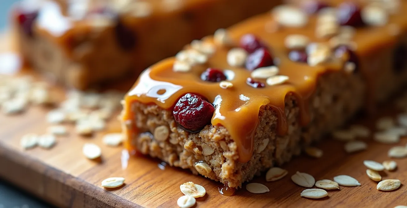 Barres énergétiques maison à base d'érable sur une planche de bois avec ingrédients québécois