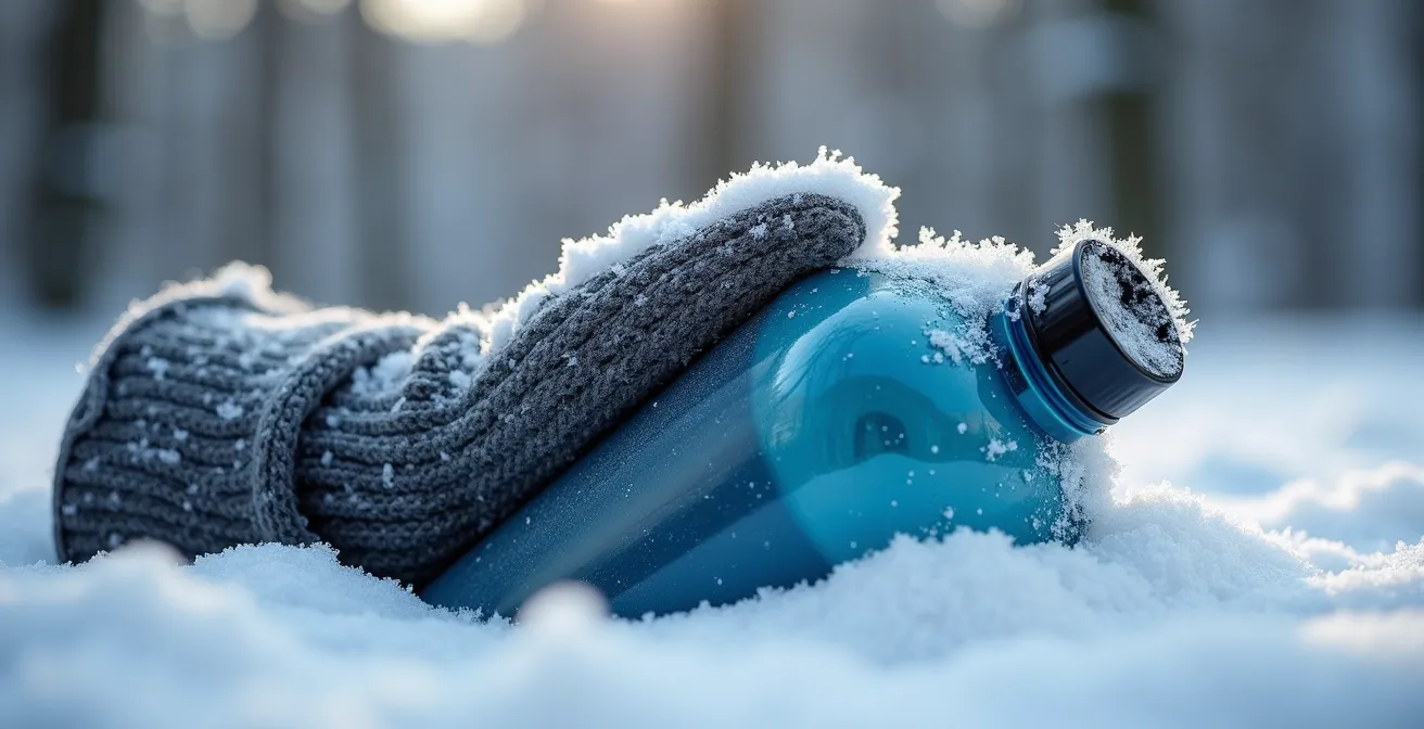 Gros plan macro sur une bouteille Nalgene retournée dans une mitaine de laine avec cristaux de givre