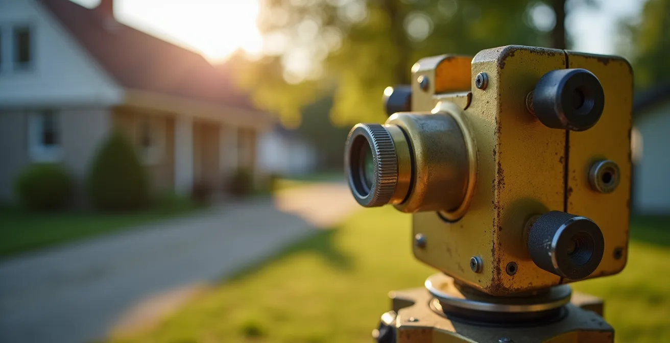 Arpenteur-géomètre examinant un terrain avec équipement professionnel au Québec