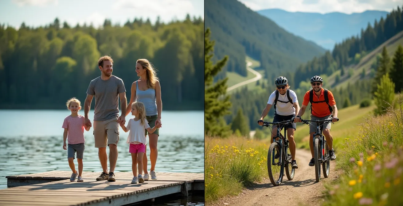 Comparaison visuelle entre un chalet au bord d'un lac et un chalet en montagne en période estivale