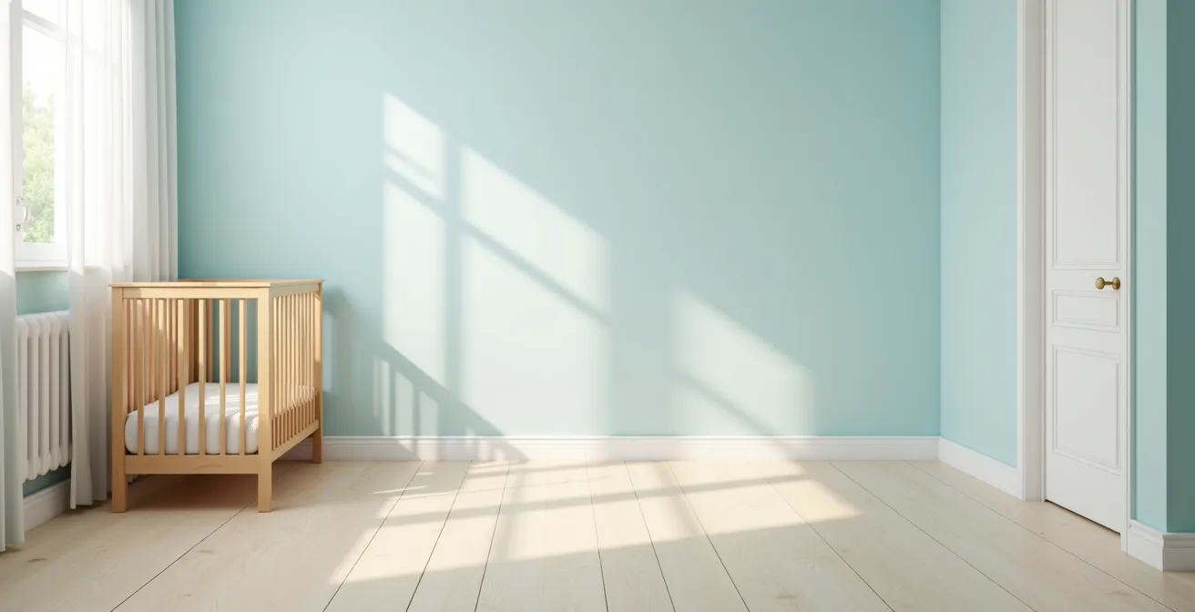Chambre de bébé québécoise avec plancher vinyle sans phtalates dans des tons doux et apaisants