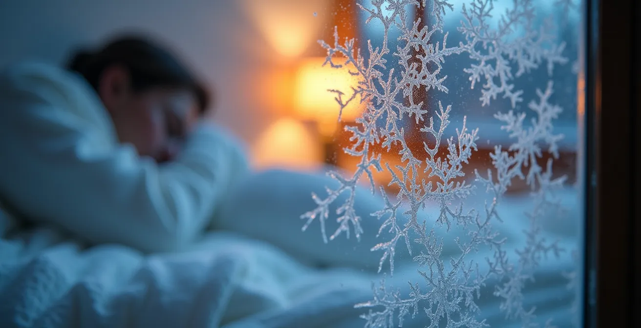 Gros plan sur des cristaux de givre sur une fenêtre de chambre, avec une silhouette de dormeur en arrière-plan.