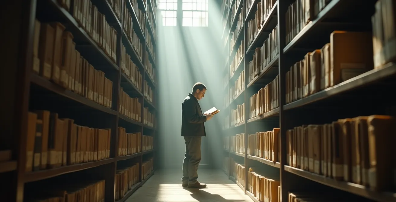Personne consultant délicatement des registres anciens dans une salle d'archives avec lumière naturelle douce