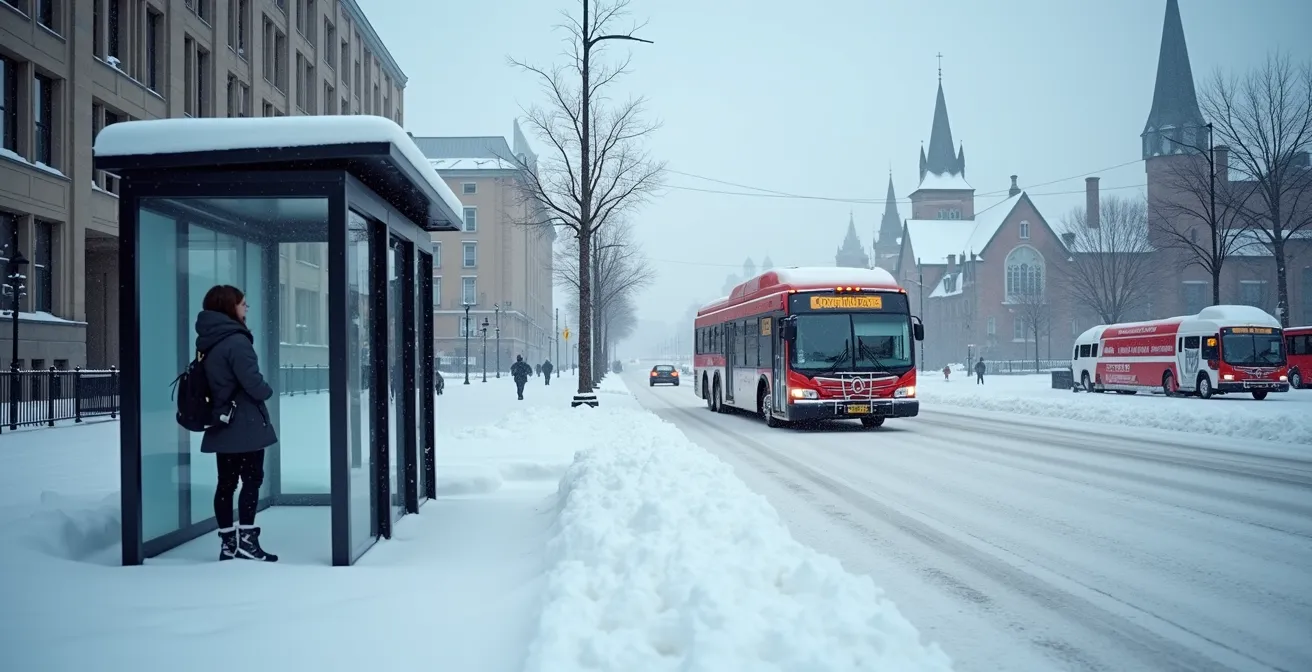 Personne utilisant le transport en commun à Québec en hiver avec autobus RTC en arrière-plan