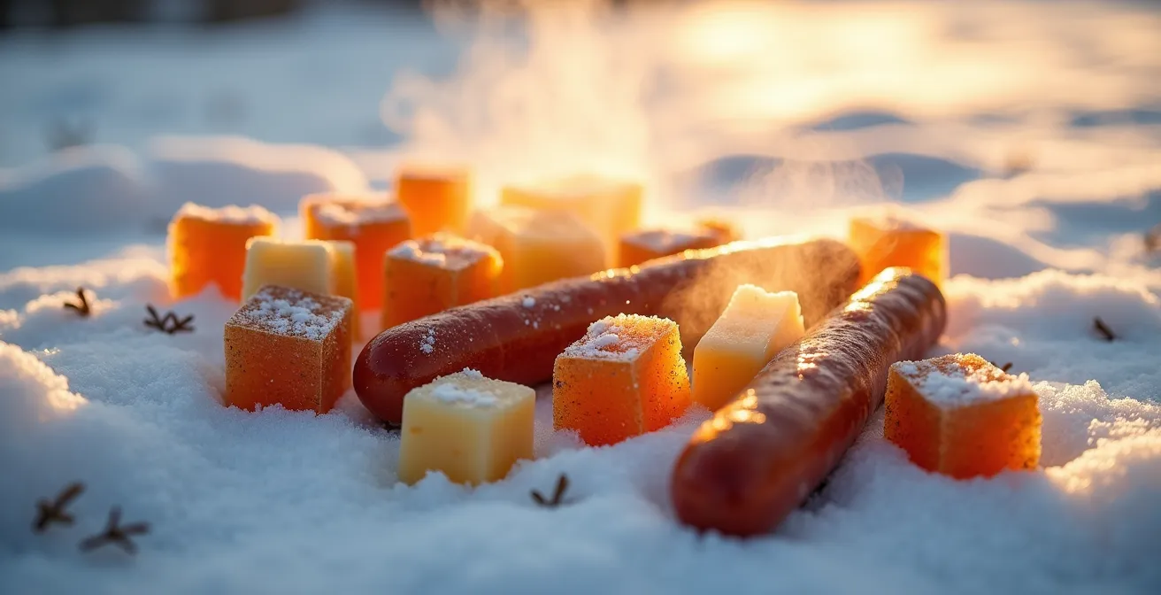 Vue macro de collations énergétiques québécoises sur fond de neige avec vapeur chaude