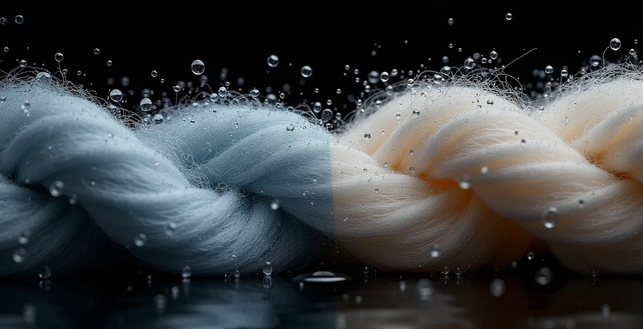 Comparaison microscopique des fibres de coton gorgées d'eau versus laine mérinos où l'eau perle en surface.