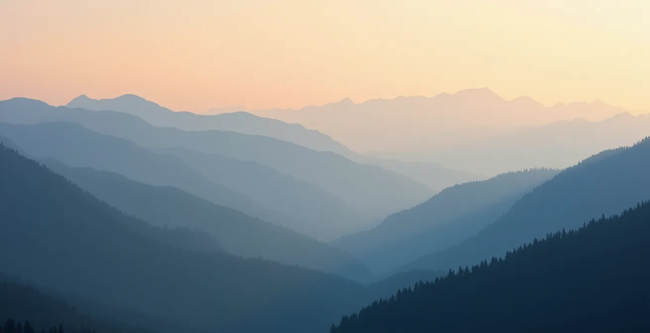 Plans successifs de montagnes et brume compressés par téléobjectif créant des couches atmosphériques dans la vallée