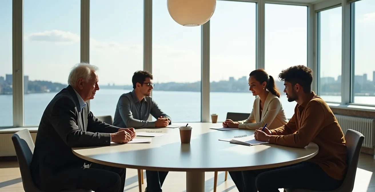 Réunion familiale autour d'une table de conférence dans un cadre professionnel symbolisant la médiation lors d'un transfert d'entreprise.