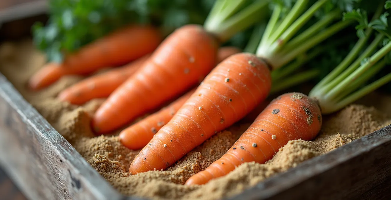 Gros plan sur des carottes et panais conservés dans du sable dans un bac en bois