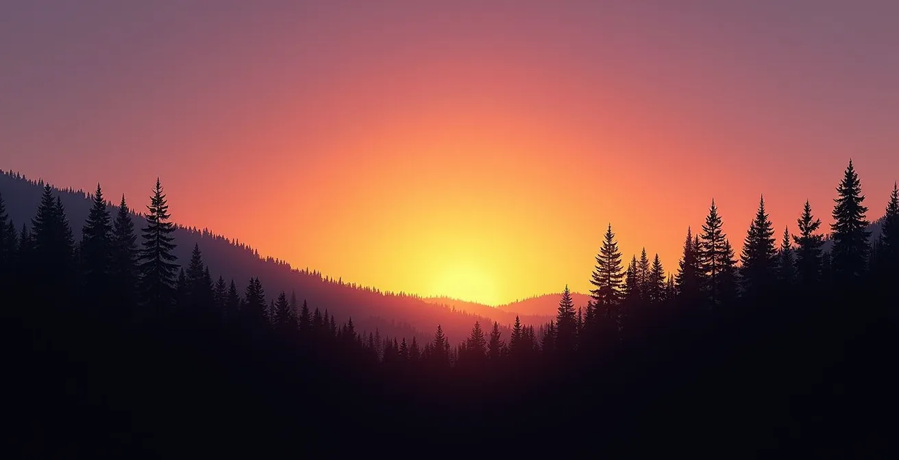 Silhouettes dramatiques de sapins québécois se découpant contre un ciel d'aube coloré avec la vallée dans l'ombre