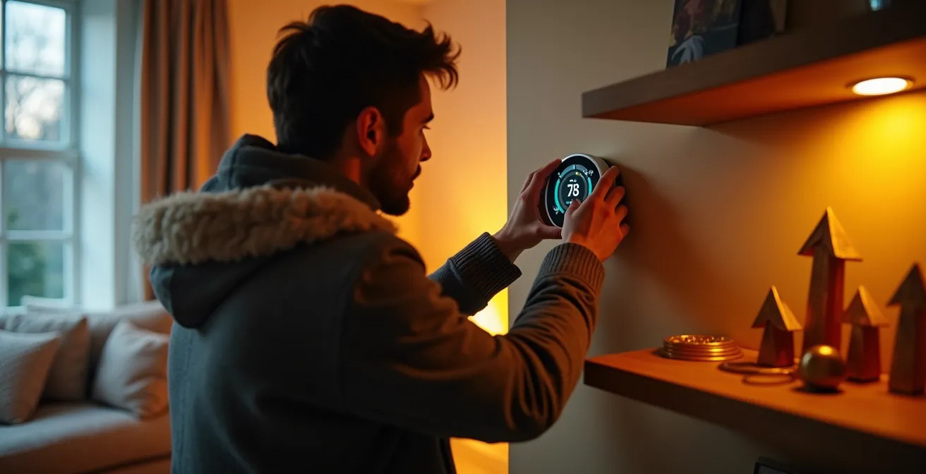 Intérieur de maison québécoise montrant des thermostats intelligents sur un mur avec des éléments visuels d'économies