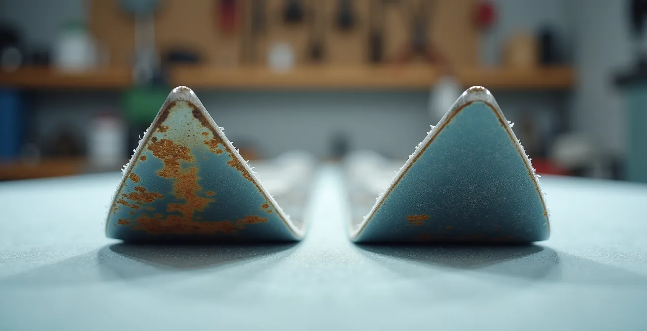 Comparaison visuelle entre une rouille de surface inoffensive et une carre de ski dangereusement délaminée