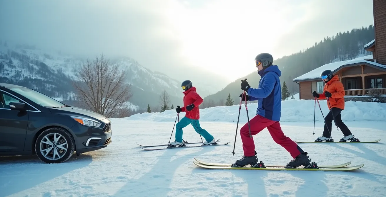 Groupe de skieurs s'échauffant dans un parking enneigé de station de ski
