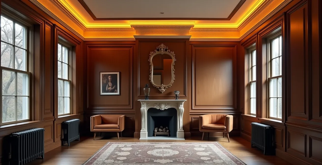 Installation discrète de rubans LED derrière une corniche ornementale dans un salon d'époque