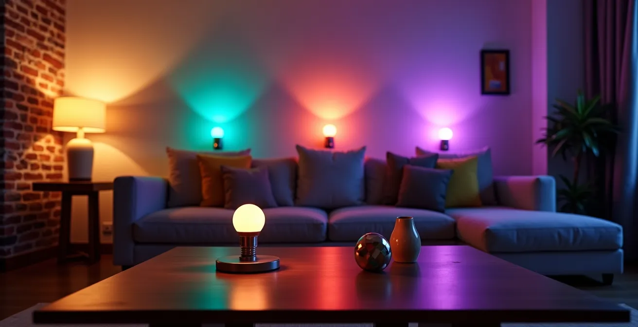 Composition artistique montrant différents types d'ampoules intelligentes dans un salon moderne