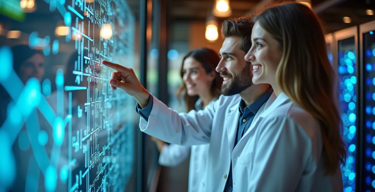 Laboratoire de recherche en IA avec chercheurs travaillant sur des modèles d'apprentissage automatique