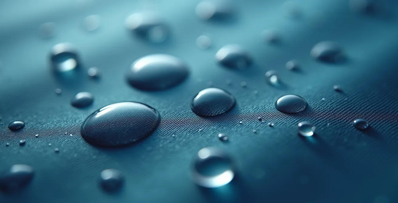 Gouttes d'eau parfaitement rondes perlant sur la surface d'une veste technique, montrant l'efficacité d'un traitement DWR restauré.