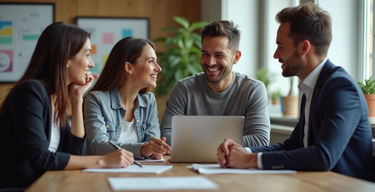 Employés en formation collaborative autour d'un nouveau logiciel dans une PME québécoise