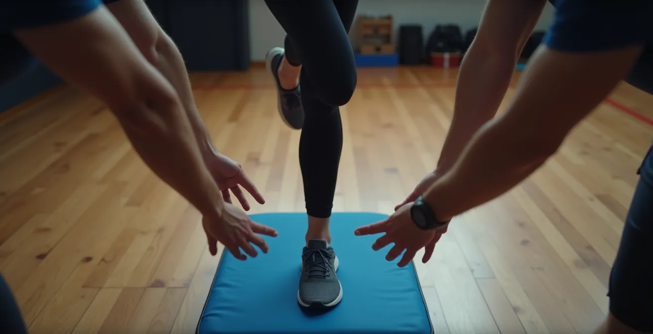 Athlète en équilibre sur coussin d'équilibre avec perturbations externes dans un gymnase