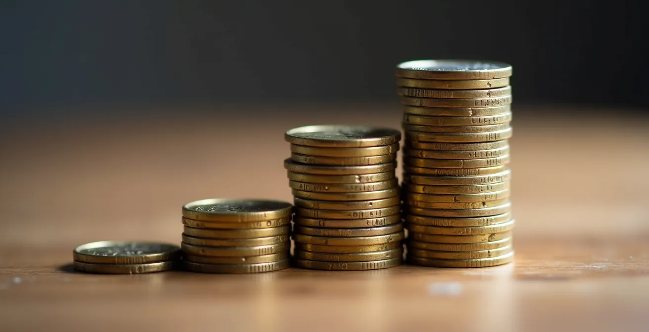 Vue macro de pièces de monnaie canadiennes empilées avec effet de profondeur de champ