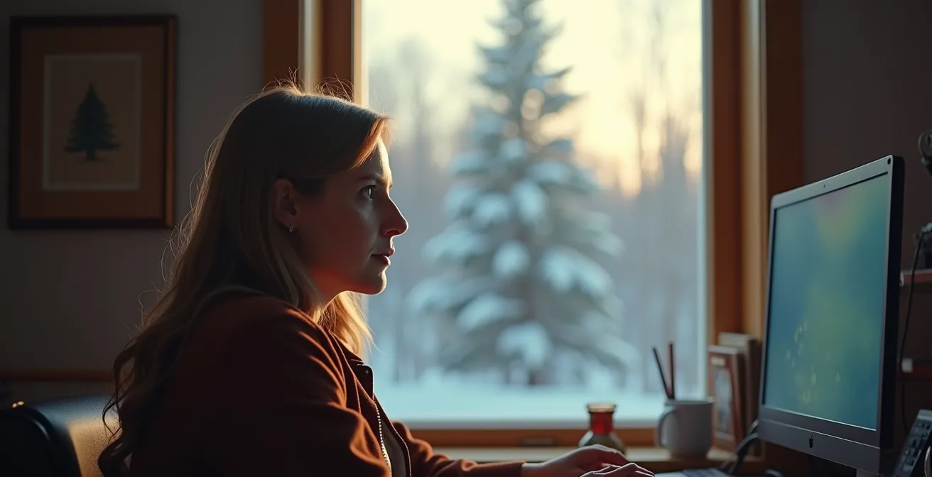 Personne pratiquant l'exercice visuel 20-20-20 dans un bureau à domicile québécois en hiver