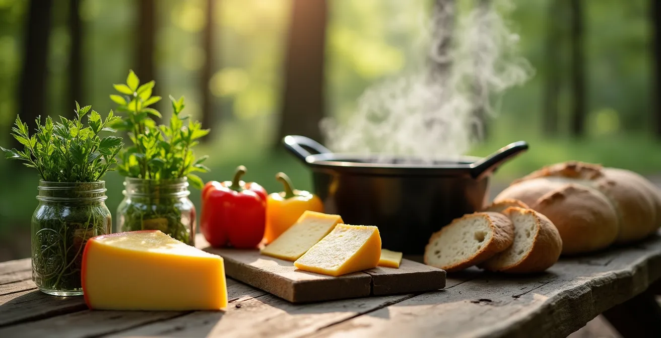 Préparation d'un repas en camping avec des ingrédients frais sur une table de pique-nique