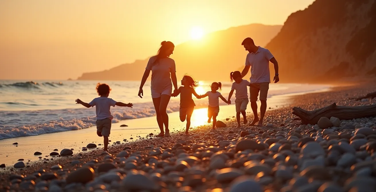 Famille jouant sur une plage de galets au coucher du soleil en Gaspésie