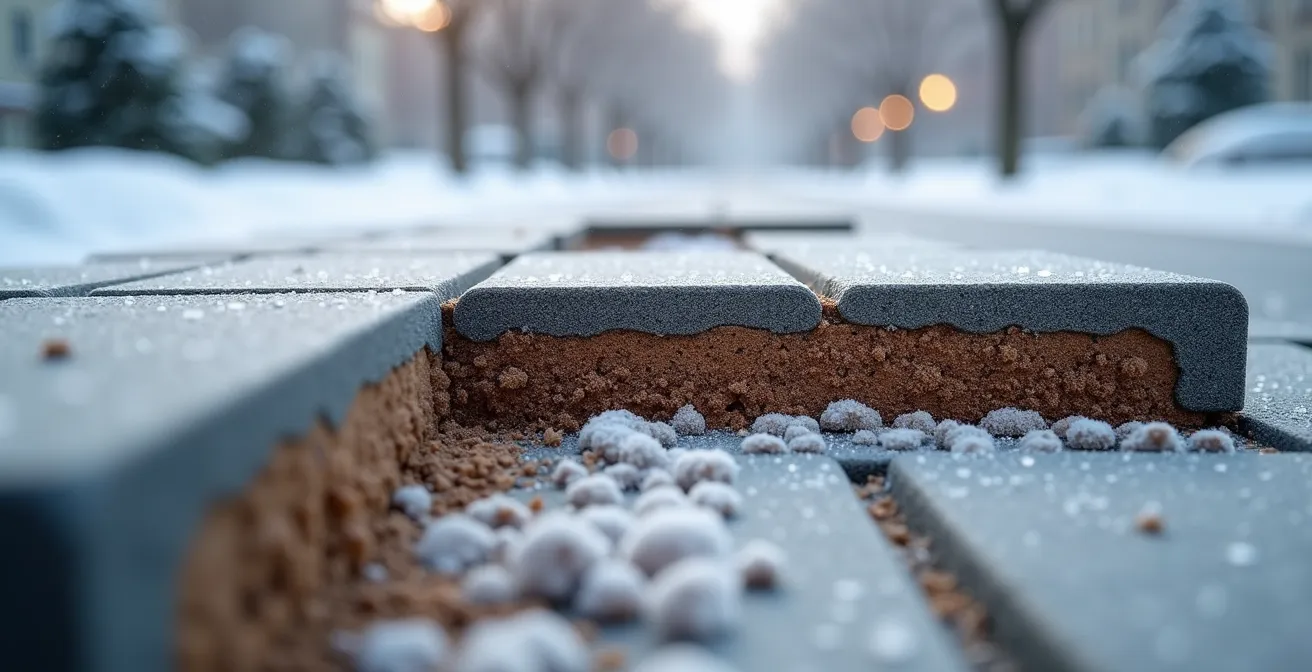 Coupe transversale d'une fondation granulaire pour pavé uni montrant les couches de drainage et protection contre le gel au Québec
