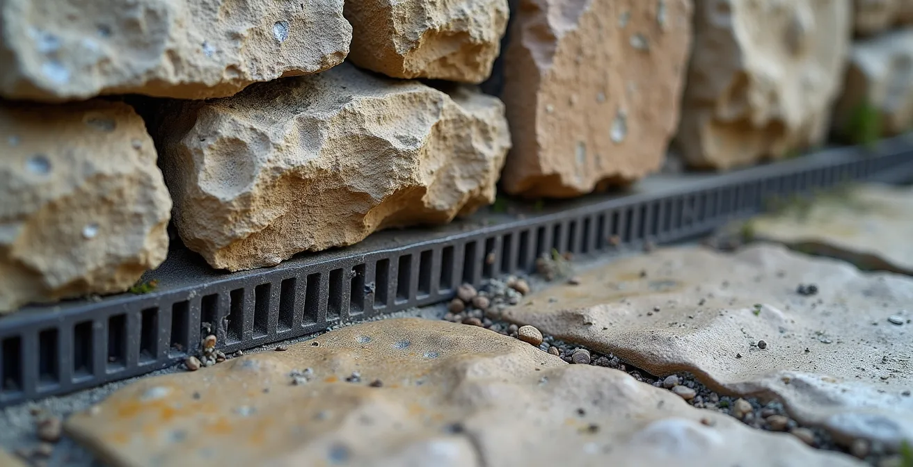 Coupe transversale d'une fondation en pierres sèches avec système de drainage moderne