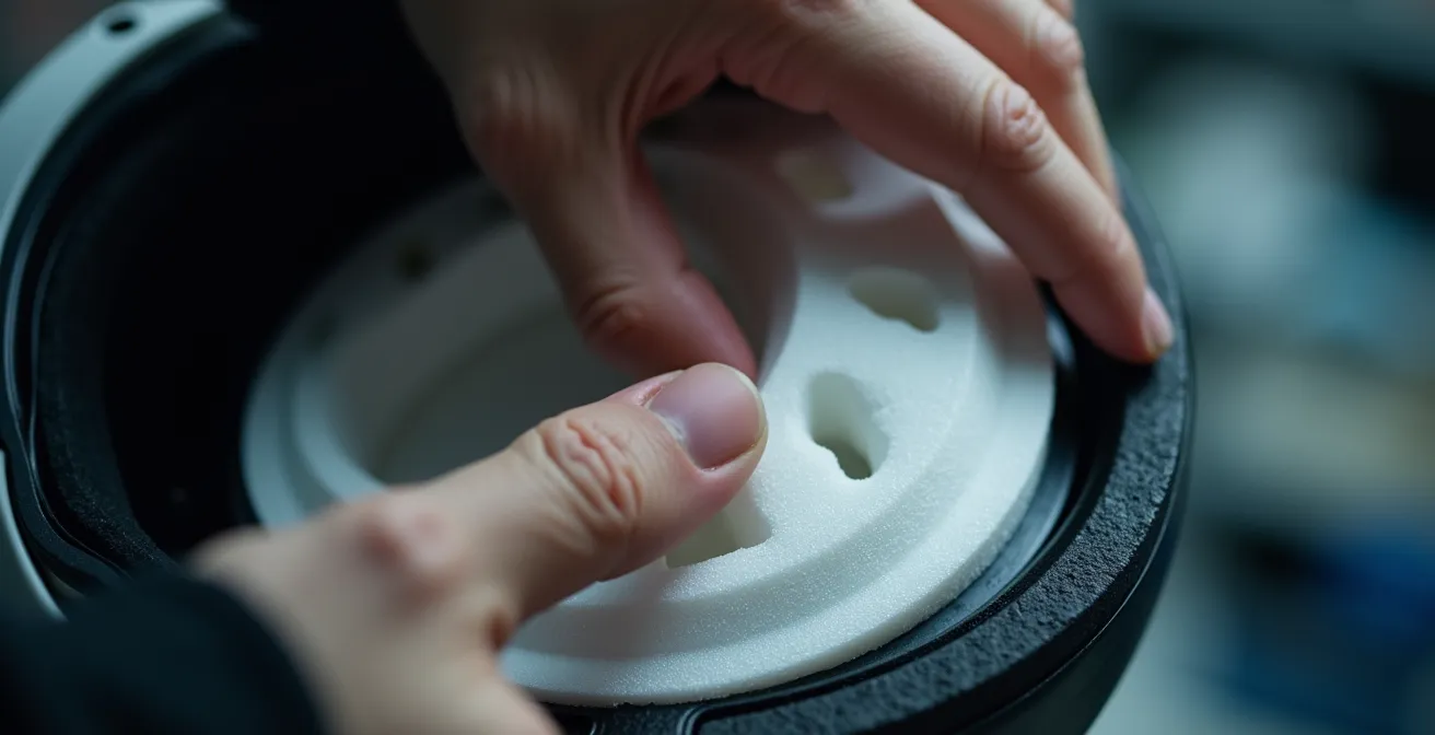 Gros plan sur des mains inspectant la mousse intérieure d'un casque de ski sous une lumière vive