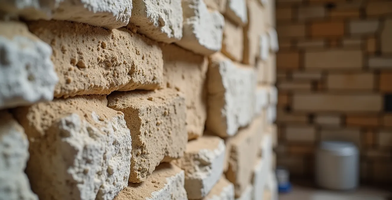 Application d'enduit chaux-chanvre sur mur de pierre ancestral avec texture visible et outils traditionnels