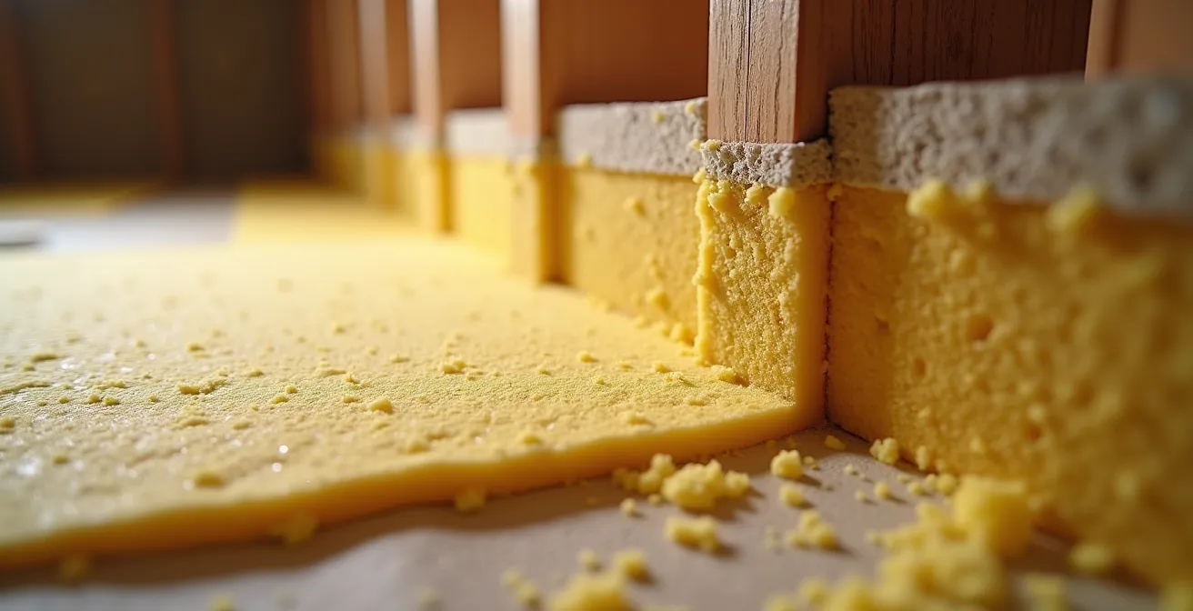 Vue en coupe d'une solive de rive avec système d'isolation hybride