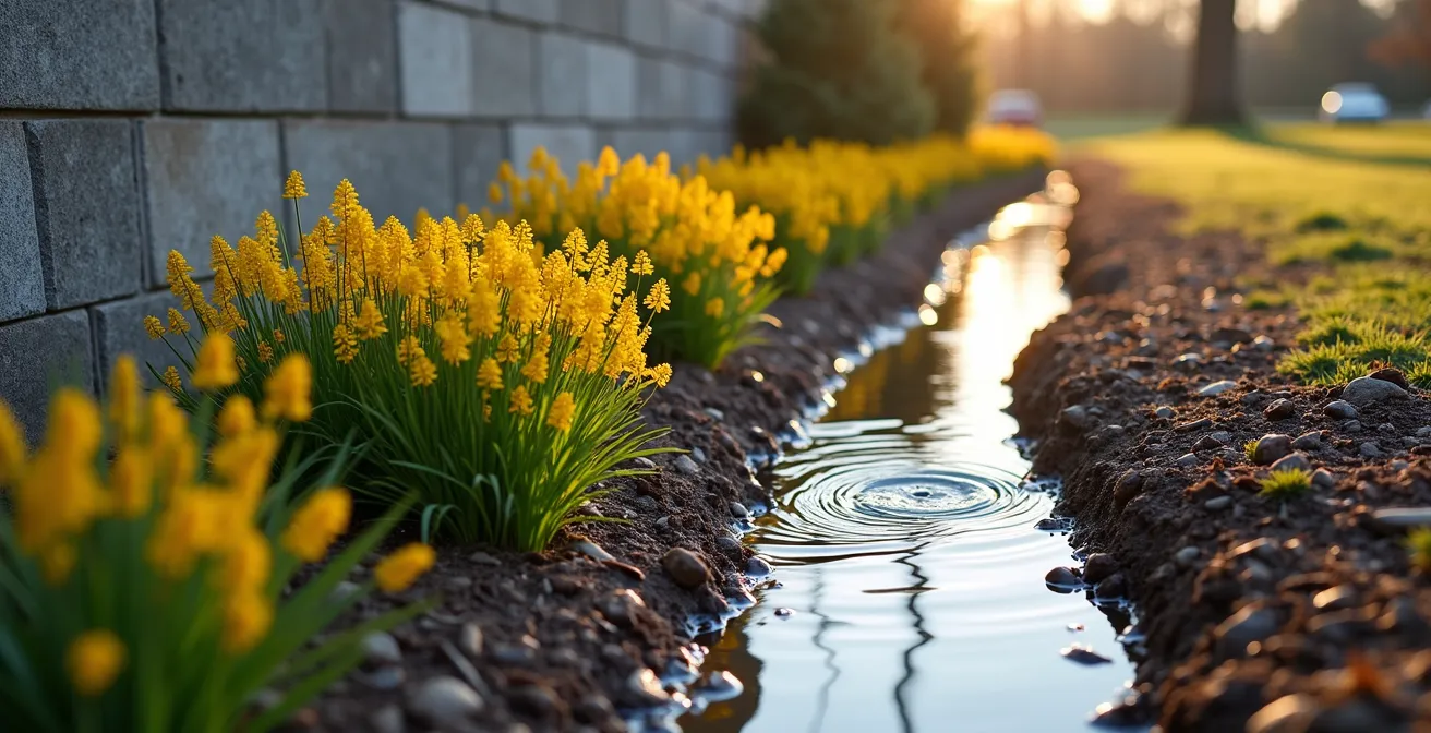Jardin de pluie avec plantes indigènes du Québec captant l'eau de fonte printanière près d'une fondation de maison