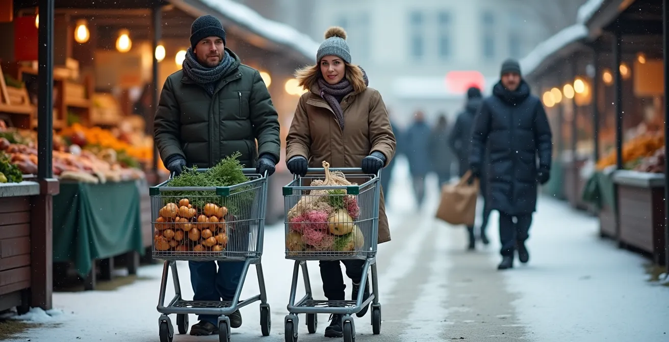 Scène hivernale au Grand Marché de Québec avec des clients transportant leurs achats locaux dans des chariots
