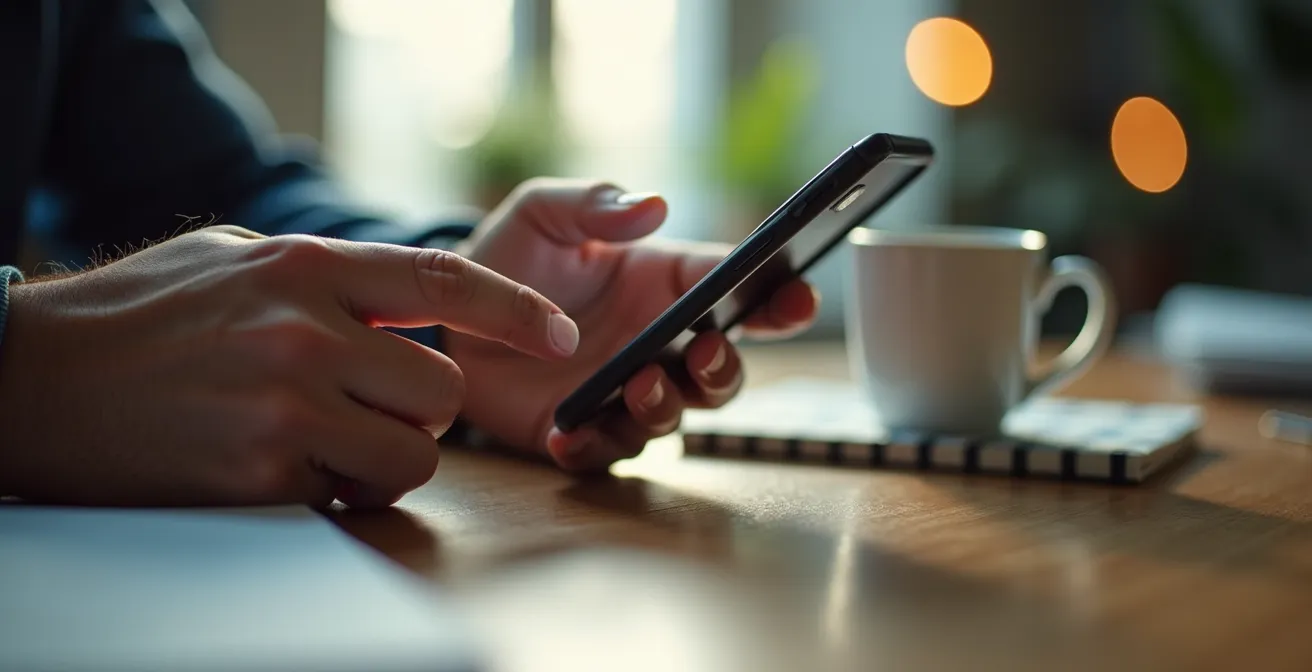 Main tenant un smartphone montrant une conversation professionnelle