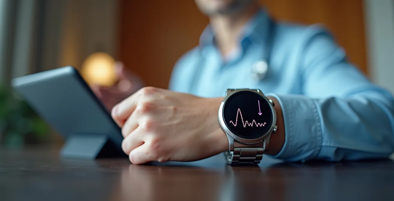 Gros plan sur une montre intelligente affichant des données cardiaques avec médecin en arrière-plan flou
