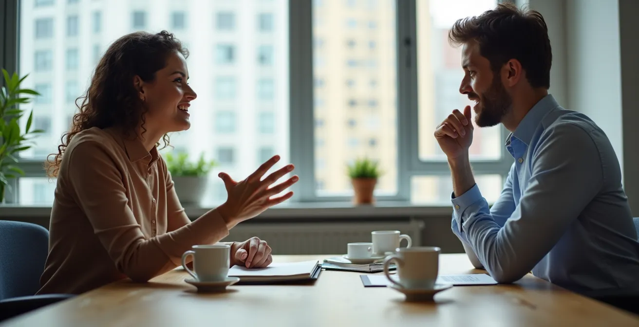 Discussion professionnelle entre employé et gestionnaire dans un bureau québécois