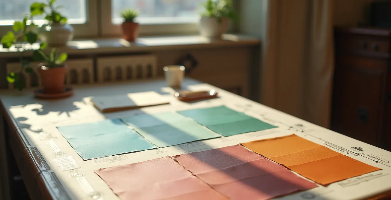 Échantillons de peinture historique et nuanciers d'époque Art Déco sur une table d'architecte