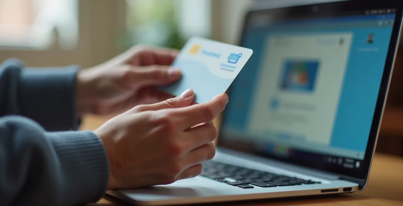 Personne tenant une carte RAMQ devant un ordinateur montrant le formulaire GAMF, symbolisant l'inscription pour obtenir un médecin de famille