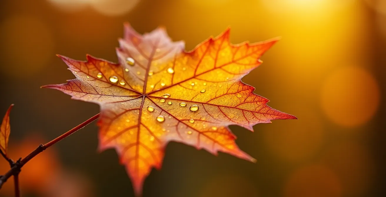 Gros plan macro d'une feuille d'érable dorée avec gouttes de rosée matinale dans la lumière dorée d'octobre