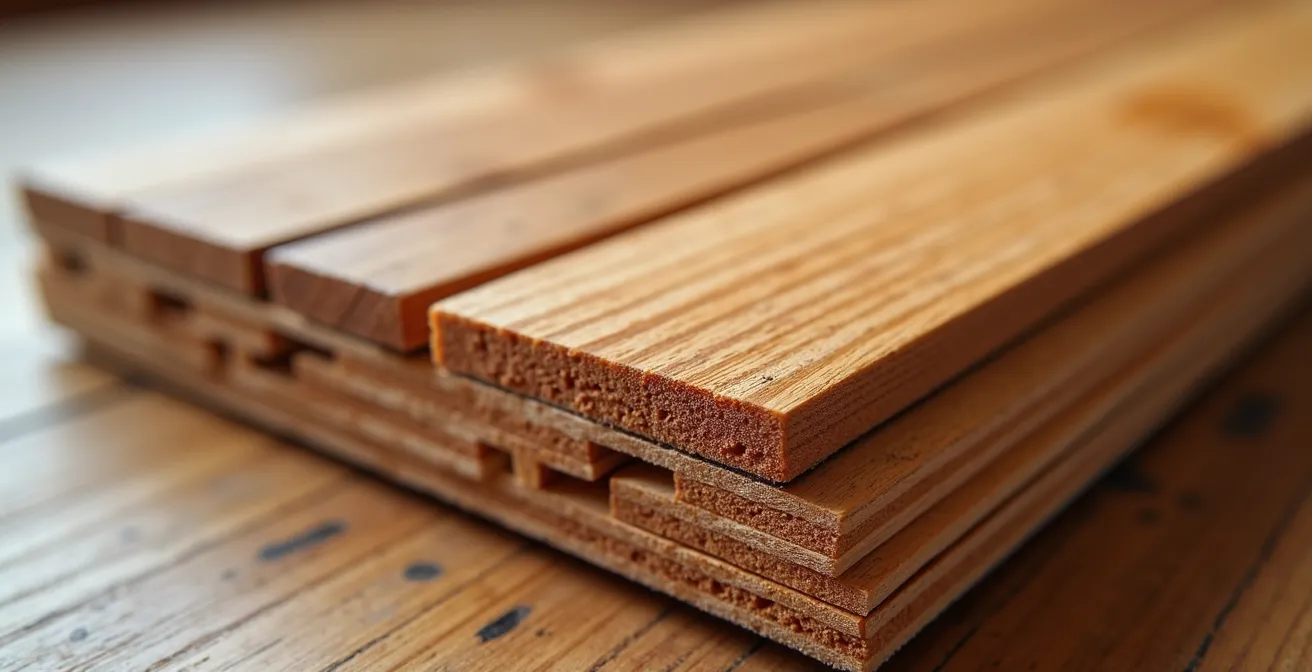 Vue en coupe d'un plancher d'ingénierie installé sur système chauffant électrique québécois