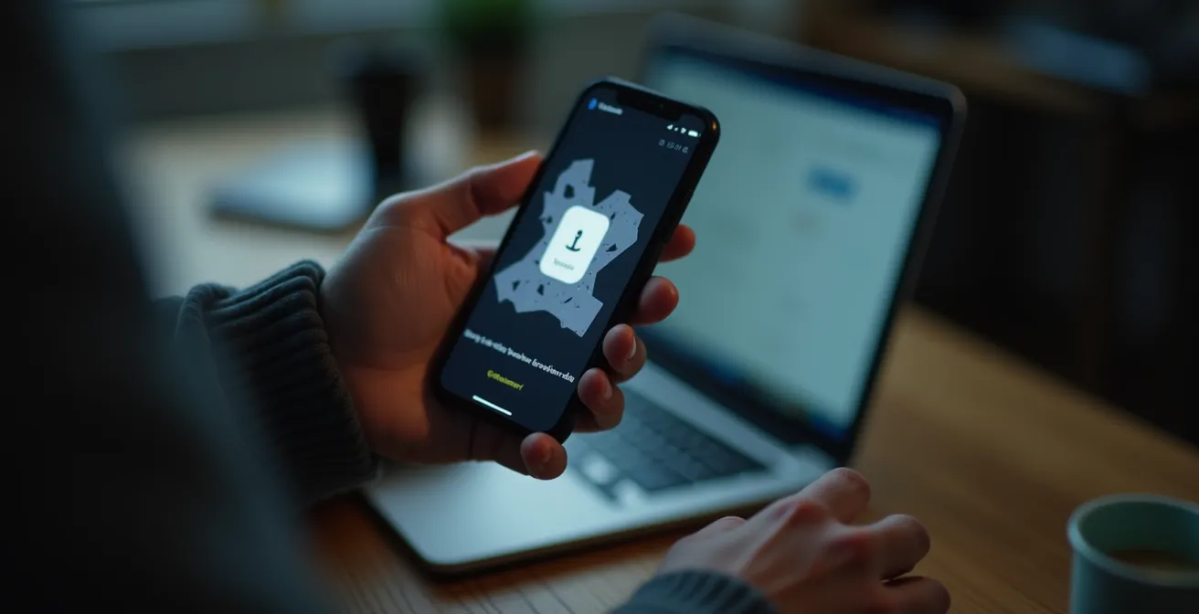 Candidat consultant son téléphone avec expression frustrée devant un ordinateur portable fermé