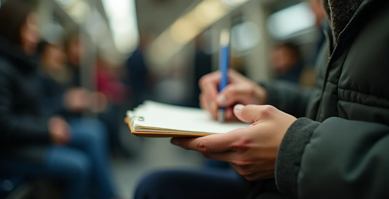 Personne étudiant dans le métro de Montréal avec écouteurs