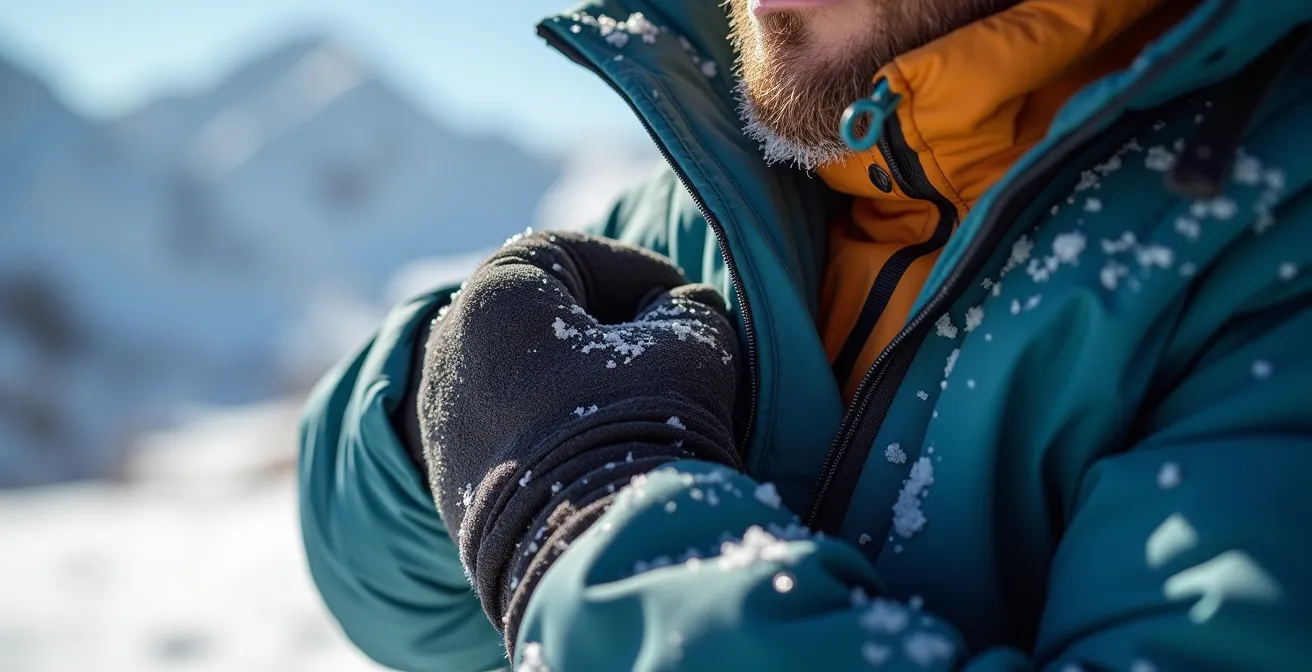 Randonneur ajustant ses couches vestimentaires au sommet enneigé d'une montagne québécoise