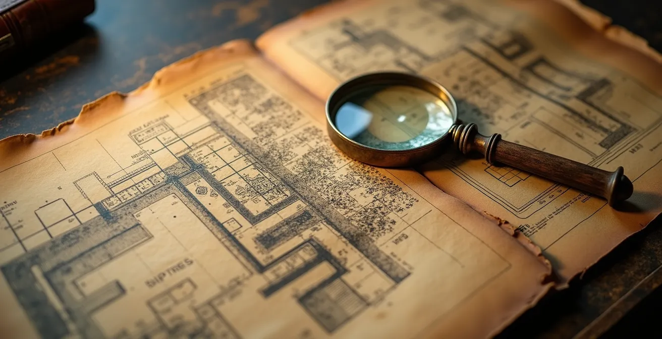 Documents d'archives et plans anciens étalés sur table de recherche avec loupe d'époque