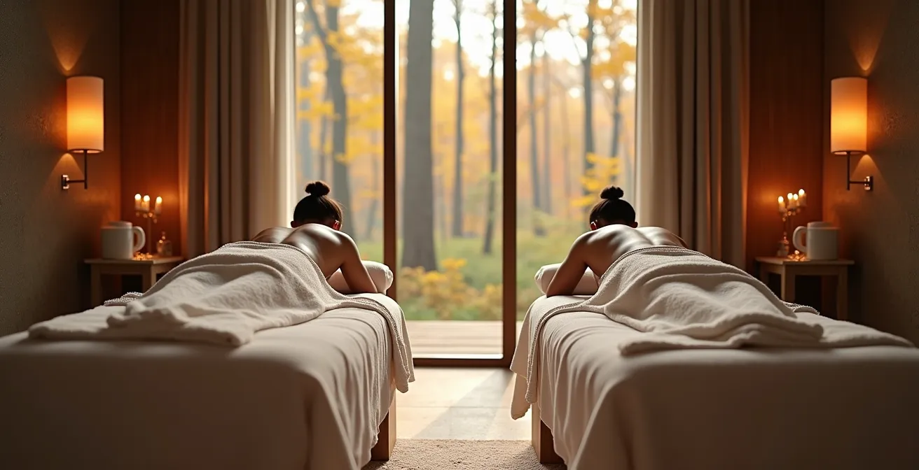 Couple profitant d'un massage dans un spa luxueux avec vue panoramique sur la forêt automnale de Tremblant