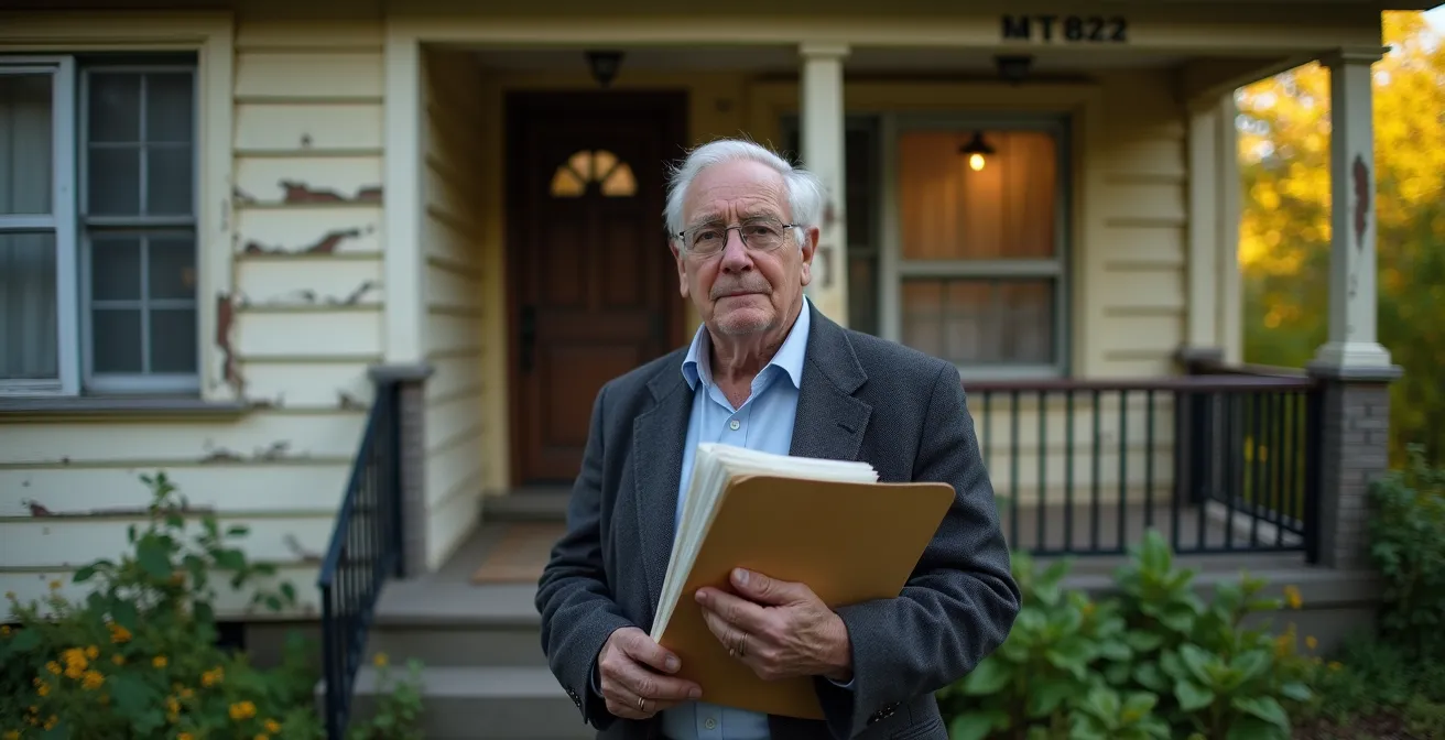 Façade d'une maison québécoise traditionnelle nécessitant des rénovations avec panneau de vente par succession